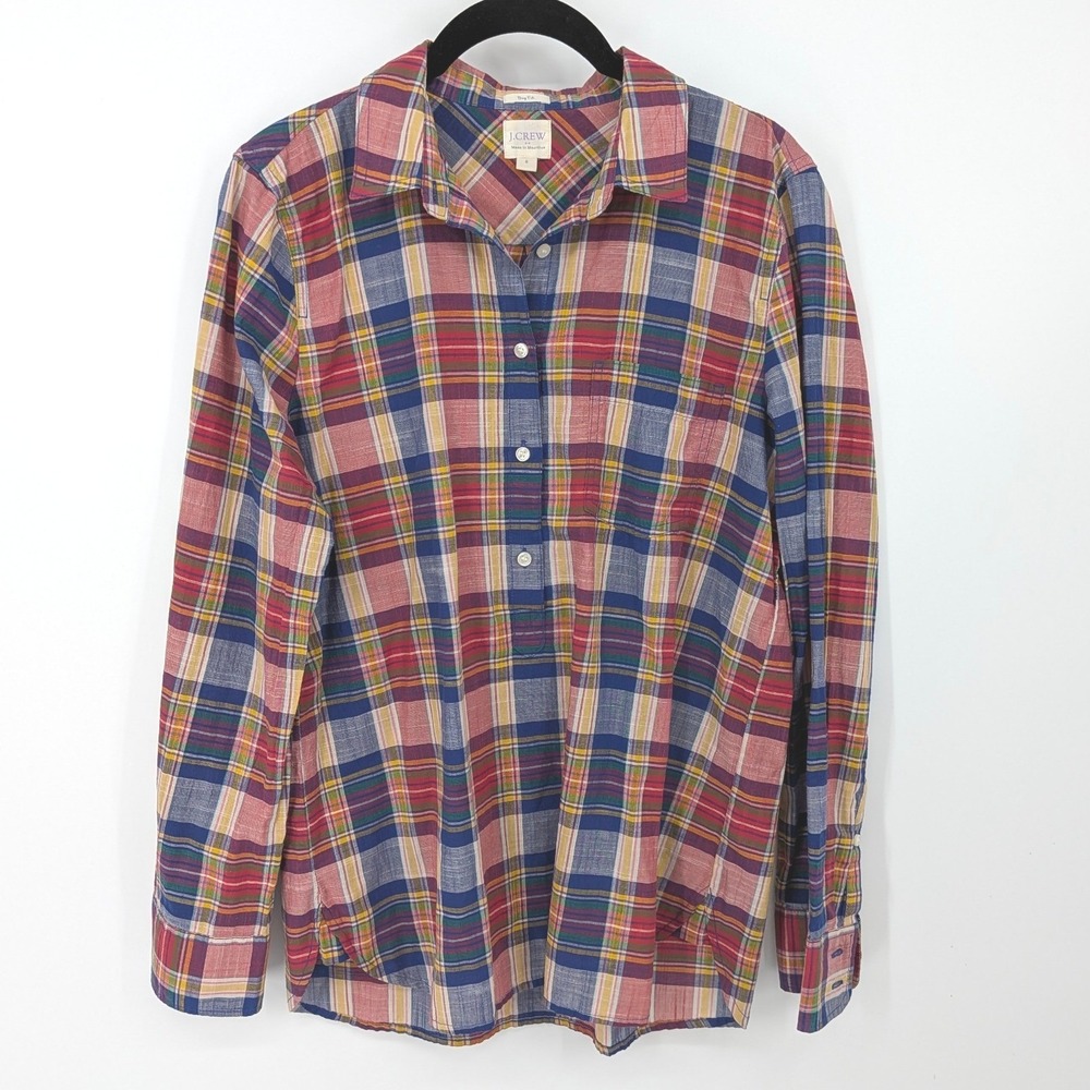 J Crew Plaid Popover Top Womens Small Red Multi Boy Fit Cotton Preppy Academia - Picture 1 of 7